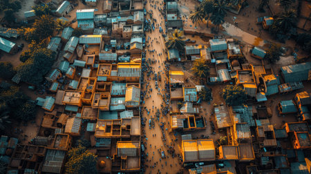 A view from the top of a traditional African village. Aerial view of a village in Africa.の素材