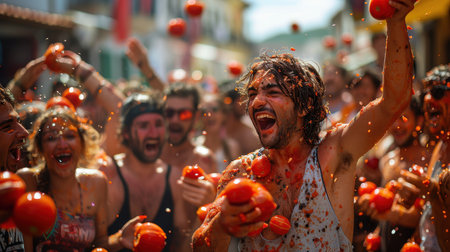 Tomato fights on the street in the town of Spain. Tomato Festival in Spain.の素材