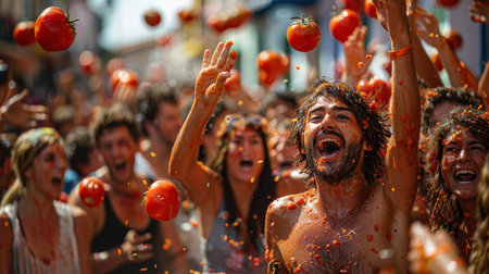 Tomato fights on the street in the town of Spain. Tomato Festival in Spain.の素材