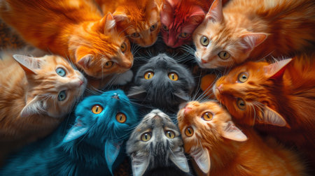 A group of beautiful cats . Portrait of colorful cats looking at the camera.の素材