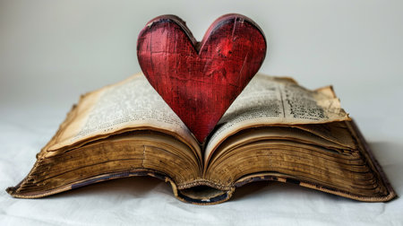 A book lying on the table and a red heart. I like to read.の素材