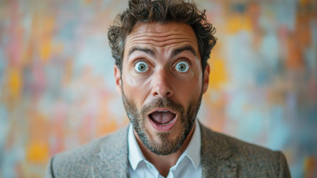 A middle-aged male businessman feeling extremely shocked and surprised against a white isolated background.の素材