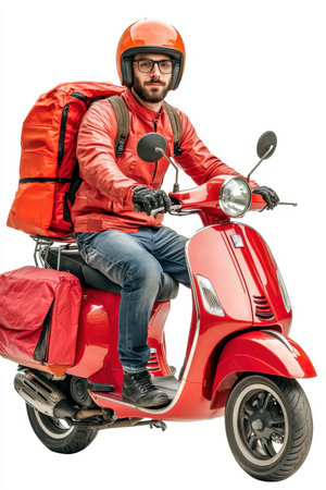 courier on a red scooter with a box on a white isolated background. express food delivery service from cafes and restaurants.の素材