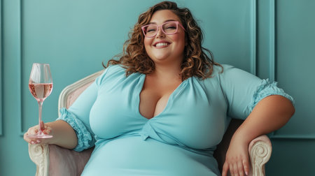 A lush smiling overweight woman in a blue dress sits with a glass of wine on a chair at home.の素材