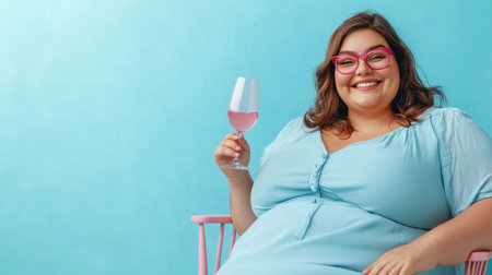 A lush smiling overweight woman in a blue dress sits with a glass of wine on a chair at home.の素材