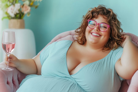 A lush smiling overweight woman in a blue dress sits with a glass of wine on a chair at home.の素材