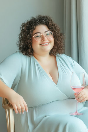 A lush smiling overweight woman in a blue dress sits with a glass of wine on a chair at home.の素材