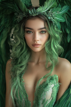 Portrait of a female angel in a green dress. Angel girl from fantasy movie.の素材