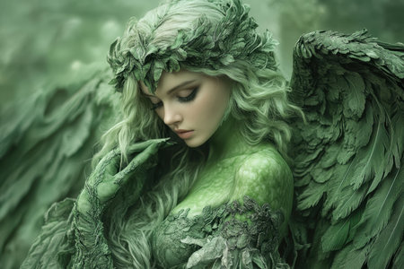 Portrait of a female angel in a green dress. Angel girl from fantasy movie.の素材