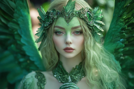 Portrait of a female angel in a green dress. Angel girl from fantasy movie.の素材