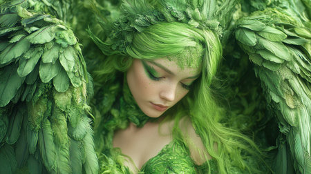 Portrait of a female angel in a green dress. Angel girl from fantasy movie.の素材