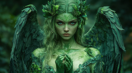 Portrait of a female angel in a green dress. Angel girl from fantasy movie.の素材