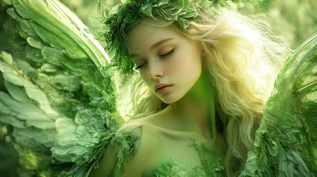 Portrait of a female angel in a green dress. Angel girl from fantasy movie.の素材