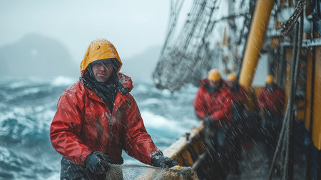 A fisherman catches fish with nets on an industrial fishing vessel in the northern seas. Industrial fishing.の素材