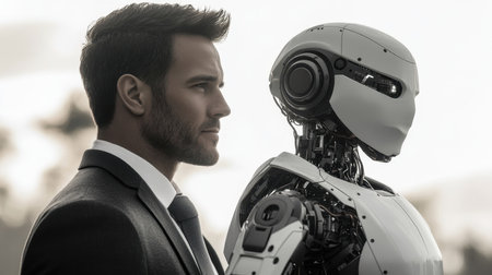 A successful businessman standing next to a robot. The future belongs to artificial intelligence.の素材