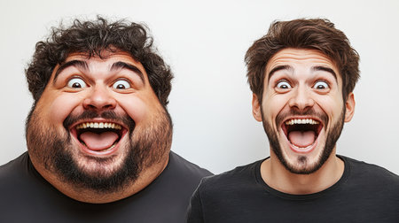 Close-up of funny faces of a fat man and a thin man on a white background.の素材