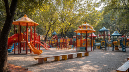 Brightly colored play structures fill a spacious park, surrounded by lush green trees. Several slides, swings, and climbing areas invite children to engage in playful activities. The sunny atmosphere enhances the joyful setting.の素材