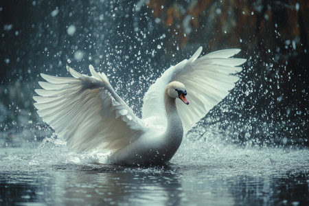 A stunning white swan spreads its wings wide while elegantly gliding through a serene lake. The early morning brings gentle rain, creating a magical atmosphere as water droplets ripple around the bird.の素材
