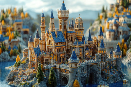 An elaborate fantasy castle showcases detailed architecture with tall spires and stone walls, nestled on a rocky shore. Golden autumn trees surround the structure, reflecting bright sunlight on calm waters.の素材