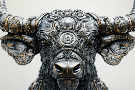 A stunning metallic bull sculpture captures attention with its ornate details, combining artistry and craftsmanship. The piece stands prominently in a neutral setting, emphasizing its striking features and textures.の素材