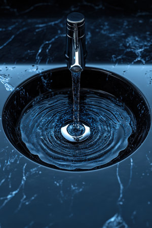 A stylish faucet dispenses clear water into a glossy black sink, generating delicate ripples across the surface. The setting is calm and modern, highlighting the tranquil interaction between water and design.の素材