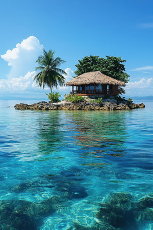 A charming beach hut made of natural materials stands on a small rocky island, surrounded by crystal clear turquoise waters. Lush greenery and a tall palm tree enhance the serene atmosphere of this remote tropical setting.の素材