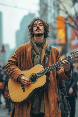 In a vibrant urban environment, a talented musician plays an acoustic guitar, immersed in his performance. Dressed in a cozy brown coat, he draws the attention of pedestrians who enjoy the artistic expression on a lively street.の素材