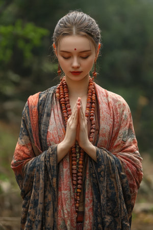 In a tranquil outdoor environment, a young woman sits in a meditative pose with hands in prayer position. She wears a colorful shawl and a necklace of prayer beads, reflecting peace and mindfulness in the morning light.の素材
