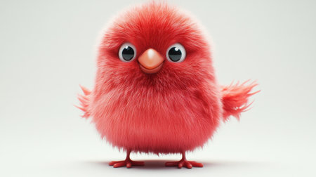Bright and fluffy red bird stands confidently on a simple background, displaying its soft feathers and large, expressive eyes. The creature exudes playfulness and charm in a cute and vibrant animated design, appealing to all ages.の素材