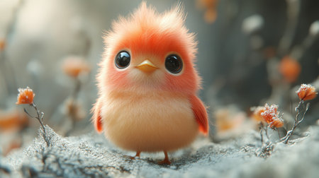 A small bird with vibrant orange plumage stands on a moss-covered branch. Its large, expressive eyes shine in the gentle light. Surrounding the bird are soft, delicate blossoms, creating a whimsical and peaceful atmosphere.の素材