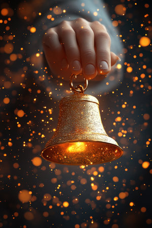 A hand grips a beautifully crafted bell that emits a warm, golden glow, surrounded by floating particles of light. This enchanting moment captures the essence of celebration, creating a magical ambiance in the evening.の素材