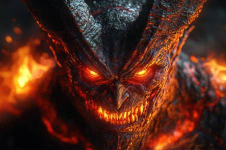 A formidable dark creature stands illuminated by fiery elements, its glowing eyes piercing through a shadowy backdrop. Dark, textured skin and prominent horns create an imposing presence, evoking a sense of raw power and danger.の素材