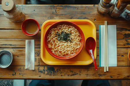 A steaming bowl of ramen topped with seaweed sits on a bright yellow tray next to a small red bowl, chopsticks, and a green tea cup. The warm ambiance of the rustic wooden table enhances the inviting lunch atmosphere.の素材