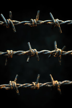 Close view of weathered barbed wire with rust forming on the metal, highlighting the intricate knots and rough texture. Set against a stark black background, this display evokes feelings of confinement and industrial resilience.の素材