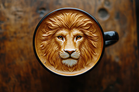 A creamy latte is artfully crafted with foam to depict a lion's face, complete with detailed fur and fierce expression. The black mug sits on a warm, rustic wooden table, enhancing the visual appeal.の素材