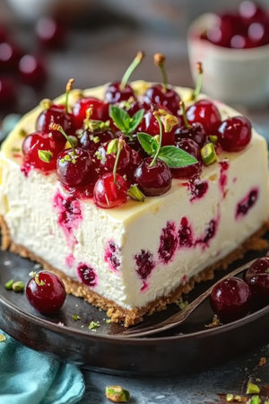 A delicious cheesecake rests on a dark plate, adorned with glistening red cherries and sprigs of mint. The dessert showcases a creamy and rich texture, complemented by a crumbly crust, making it an inviting treat.の素材