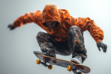A young skater executes a stylish jump above the ground, showcasing a trick on a skateboard. Dressed in a vibrant orange hoodie and camouflage pants, he is captured mid-air against a cloudy backdrop, embodying the spirit of urban skate culture.の素材