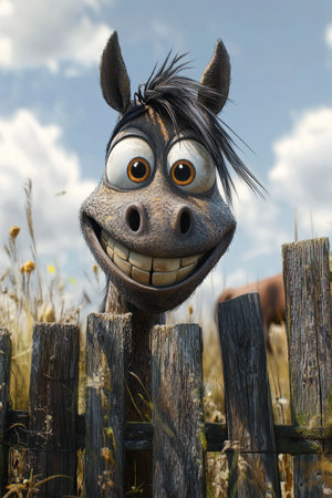 A cartoon-style horse with a big grin leans over a rustic wooden fence surrounded by a lush, green meadow. The sunny day features a clear blue sky with white clouds, creating a cheerful outdoor setting.の素材