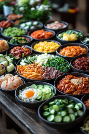 An elaborate arrangement of fresh vegetables, noodles, and toppings fills numerous bowls at a lively market. The vibrant colors and variety suggest a feast ideal for creating flavorful dishes and celebrating local cuisine.の素材