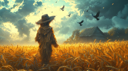 A scarecrow made of straw stands tall in a vast golden wheat field as the sun sets, casting a warm glow. Birds fly overhead while a rustic cabin rests in the background, enhancing the serene rural landscape.の素材