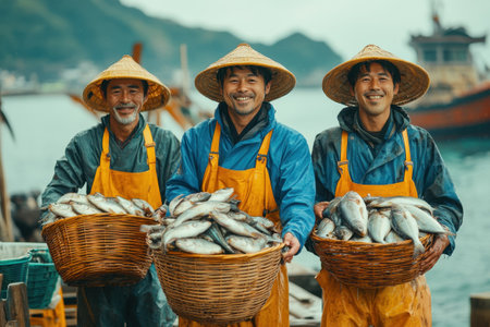 Three fishermen stand at the harbor, wearing rain gear and straw hats, holding baskets filled with freshly caught fish. The misty morning adds a serene atmosphere to their hard work.の素材