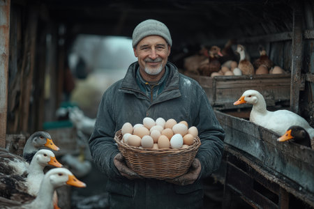 An elderly farmer smiles as he proudly carries a basket filled with freshly gathered eggs. Surrounding him are curious ducks in a rustic barn, illuminated by the soft light of early morning, showcasing farm life.の素材