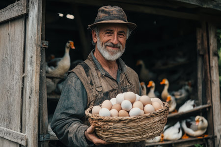A older farmer stands outside a rustic barn, proudly displaying a large wicker basket filled with freshly collected eggs. Geese are seen in the background, creating a serene rural setting in the early morning light.の素材