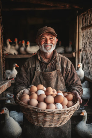 An elderly farmer smiles brightly while holding a large woven basket filled with freshly gathered eggs. In the background, several geese peacefully roam around the rustic barn, illuminated by gentle morning light.の素材