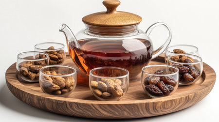 An elegant glass teapot filled with aromatic herbal tea sits atop a beautifully crafted round wooden platter. Surrounding it are small glass bowls filled with a variety of nuts and dried fruits, creating a warm and inviting atmosphere.の素材