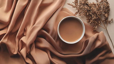 A warm cup of tea sits peacefully on a soft, flowing fabric in beige shades. The gentle texture of the fabric complements the cozy atmosphere, enhanced by a touch of dried flowers nearby, creating an inviting space for relaxation.の素材