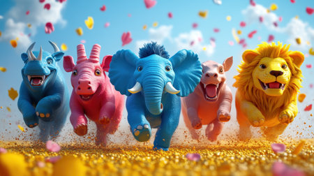 A group of animated animals, including a lion, elephant, rhino, pig, and goat, are running energetically across a colorful meadow. They display friendly expressions and vibrant colors under a clear blue sky sprinkled with fluffy clouds.の素材