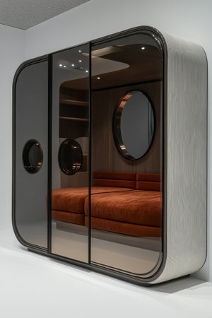 A stylish wardrobe with glossy glass doors features circular accents, reflecting a modern aesthetic. Inside, an orange sofa adds warmth to the minimalist space, creating a harmonious balance of design and comfort.の素材