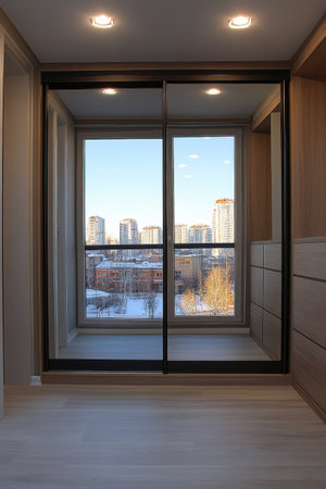 Bright and spacious interior of a contemporary apartment features sliding glass doors. The view displays a city skyline with high-rise buildings against a clear blue sky and snow-covered ground, suggesting a winter setting.の素材
