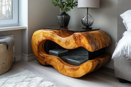 A distinct side table made from natural wood is positioned next to a comfortable bed in a well-lit bedroom. The table features a sculptural shape with a glass top, complemented by various decorative items.の素材